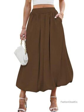 Bubble Maxi Skirt Elastic Waist Puffy Hem A-Line Long Skirt with Pockets